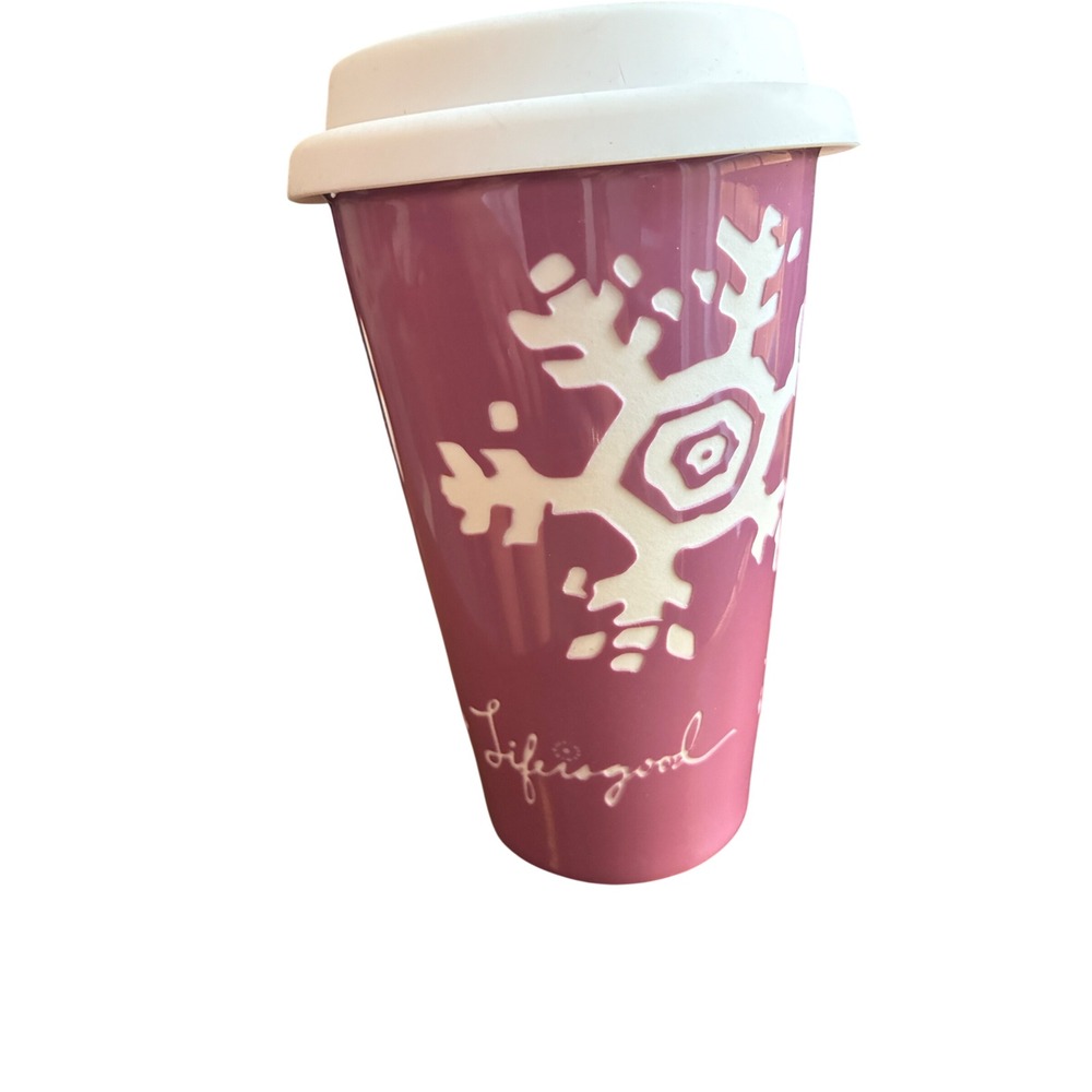 Brand New Life is Good Ceramic Snowflake Tumbler w/ Silicone Lid Magenta